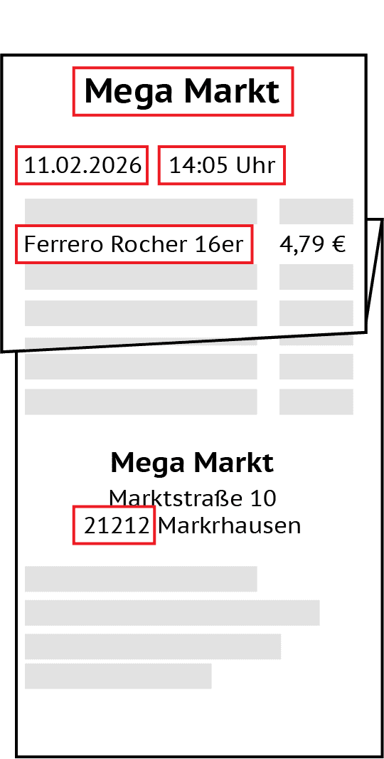 Kassenbon Beispiel Bild mit Datum, Uhrzeit, Postleitzahl und Aktionsprodukt